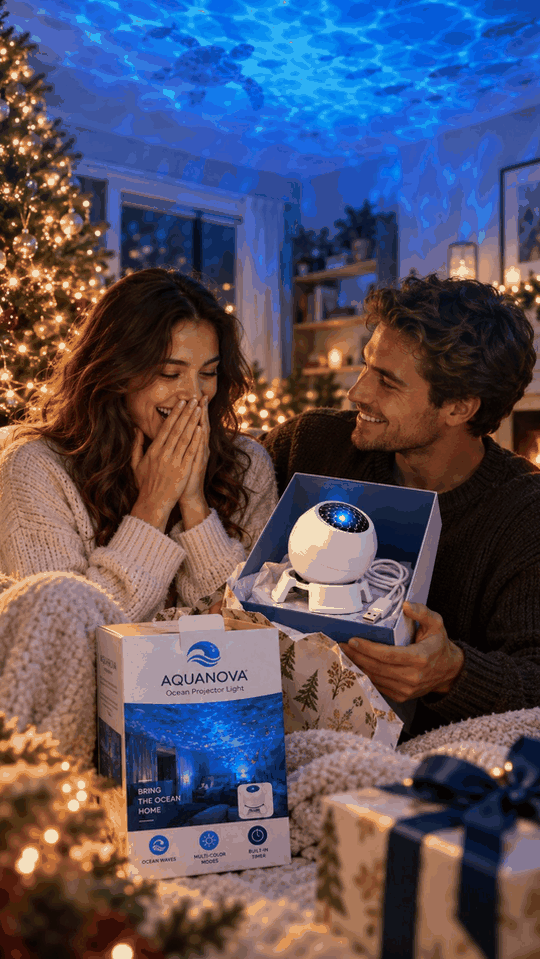 Couple opening Glow Reef as a Christmas gift in a cozy room
