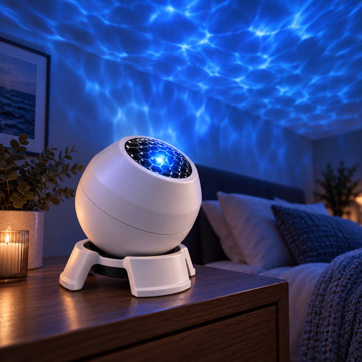 Glow Reef casting blue water-style light across a bedroom