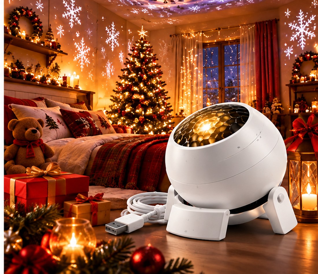AQUANOVA Christmas Projector in a warm Christmas bedroom