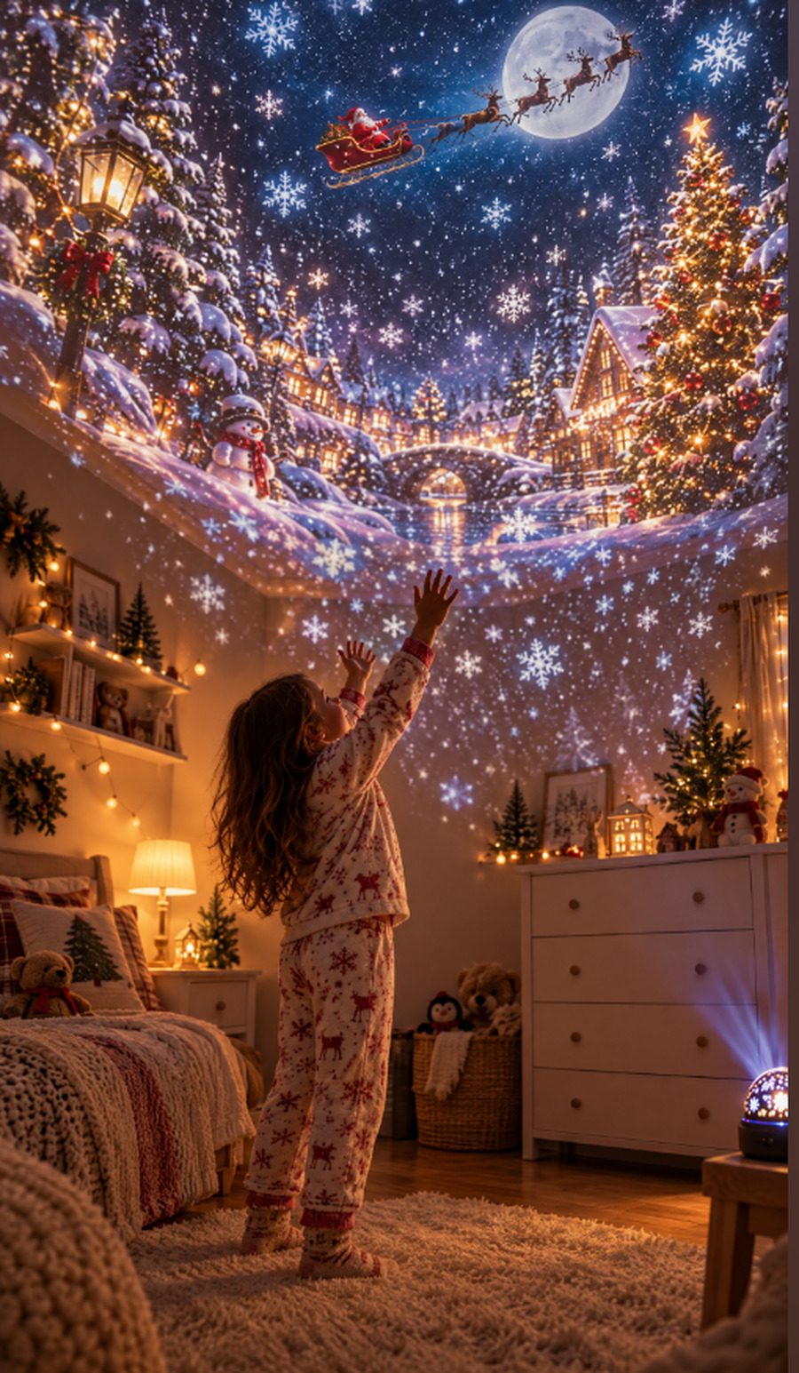Christmas projection filling a cozy bedroom
